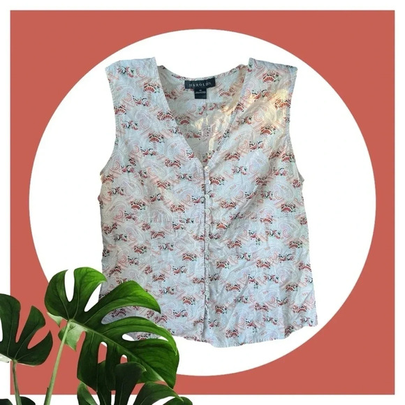 HAROLD'S Paisley Cream Button Down Sleeveless Ivory Rust Floral Women's Size 12 - Picture 1 of 5